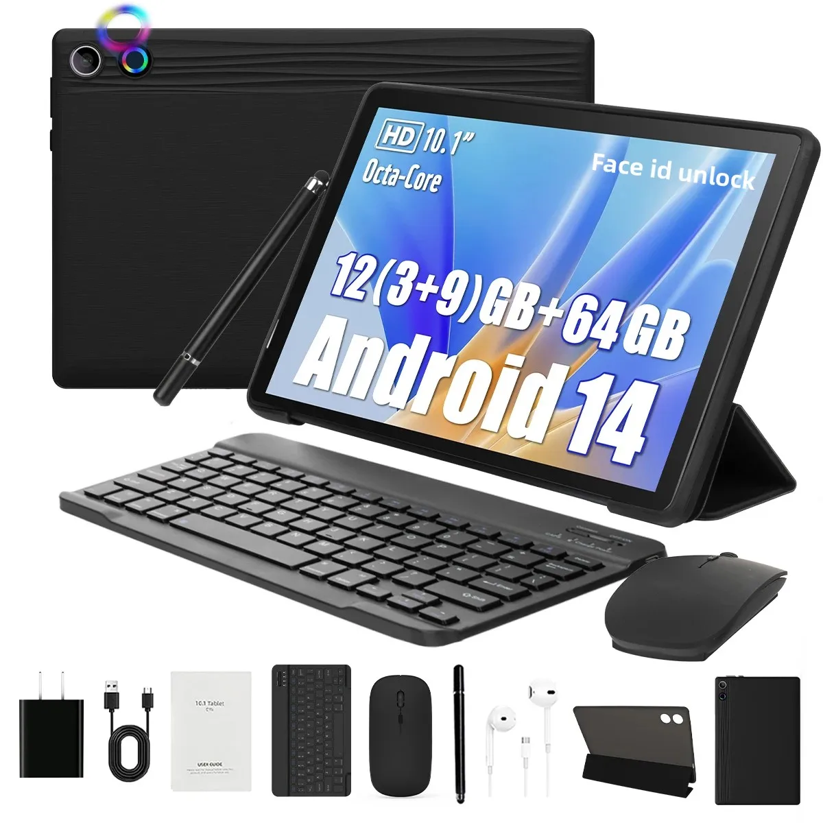 Android14 Tablet 10 Inch 12GB RAM 64GB ROM Expandable 1TB WIFI6 WidevineL1 GMS 5000mAh Stylus Keyboard Mouse Headphones Case Set