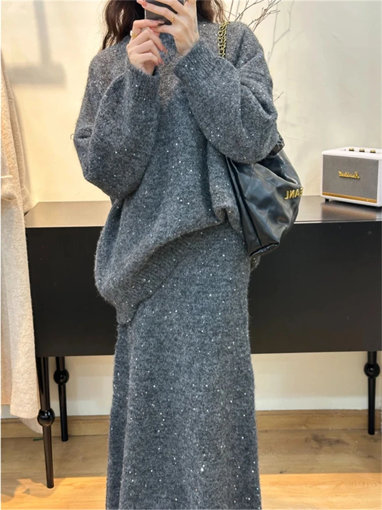 

Retro Glitter Knitted Sweater And Skirt Set Women's Faion Ensemble Bright Sequin Long Sve round Ne Casual Sle