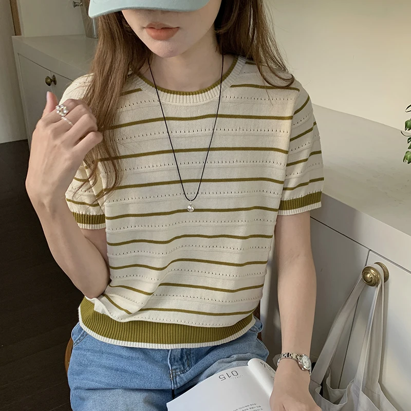 100% Cotton Women Striped Hollow Out T-shirt plus size clearance sale luxury designer clothing woman