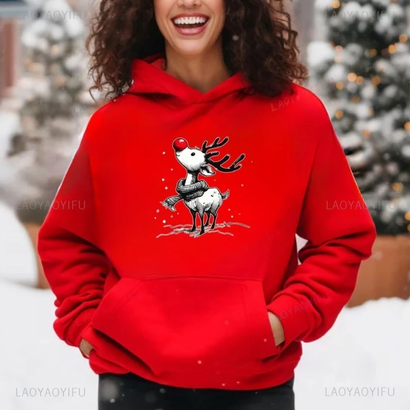Adorable Reindeer Christmas Sweatshirt Cartoon Funny Pattern Hoodie Women's Pullover Sweatshirt Christmas Hooded Sweatshirt