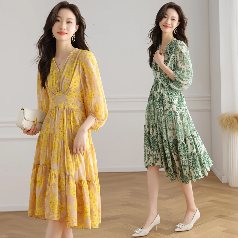 

Новое летнее модное элегантное женское платье средней длины, стильное, подчеркивающее талию, стройнящее, в стиле легкой роскоши, модное и трендовое.