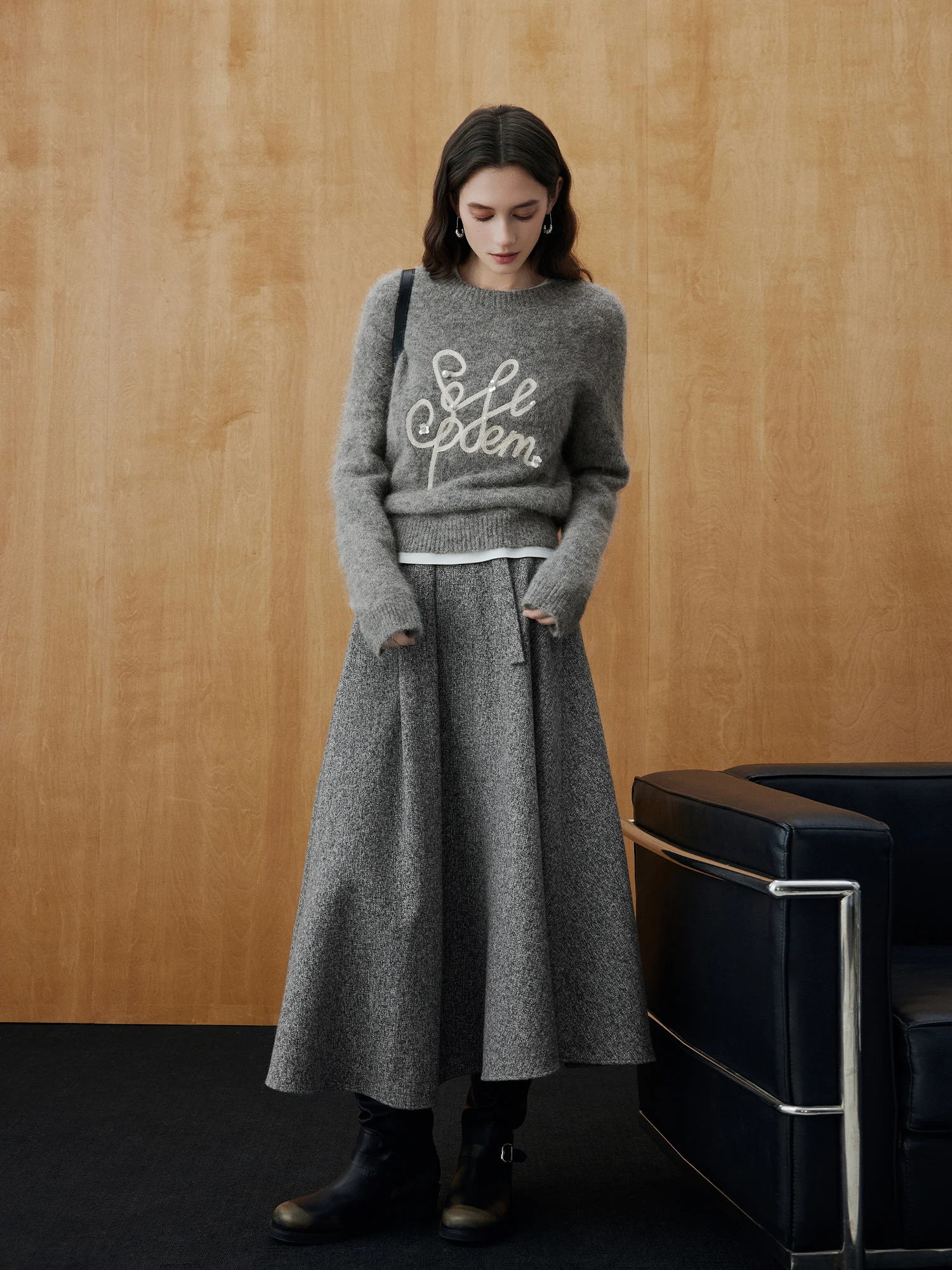 Fashionable Grey Asymmetrical Pleated A-Line  Skirt for Women Casual High Waist Polyester Fiber City Commute Skirt