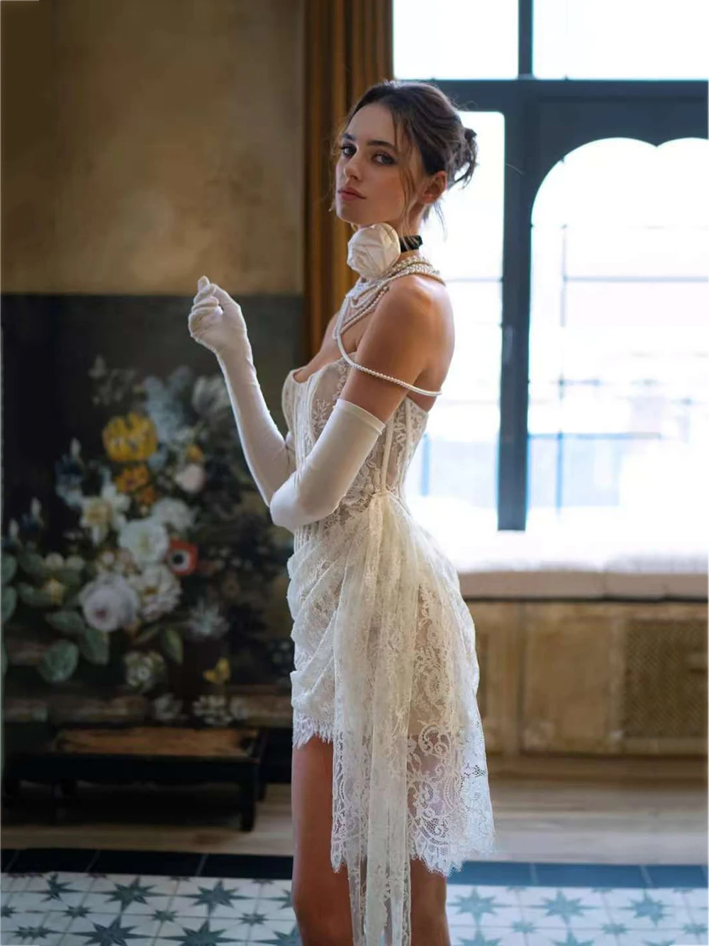 High-end European And American Sexy Lace Sheer Patchwork Waist-Cinching Off-Shoulder Dress Elegant And Graceful Gowns