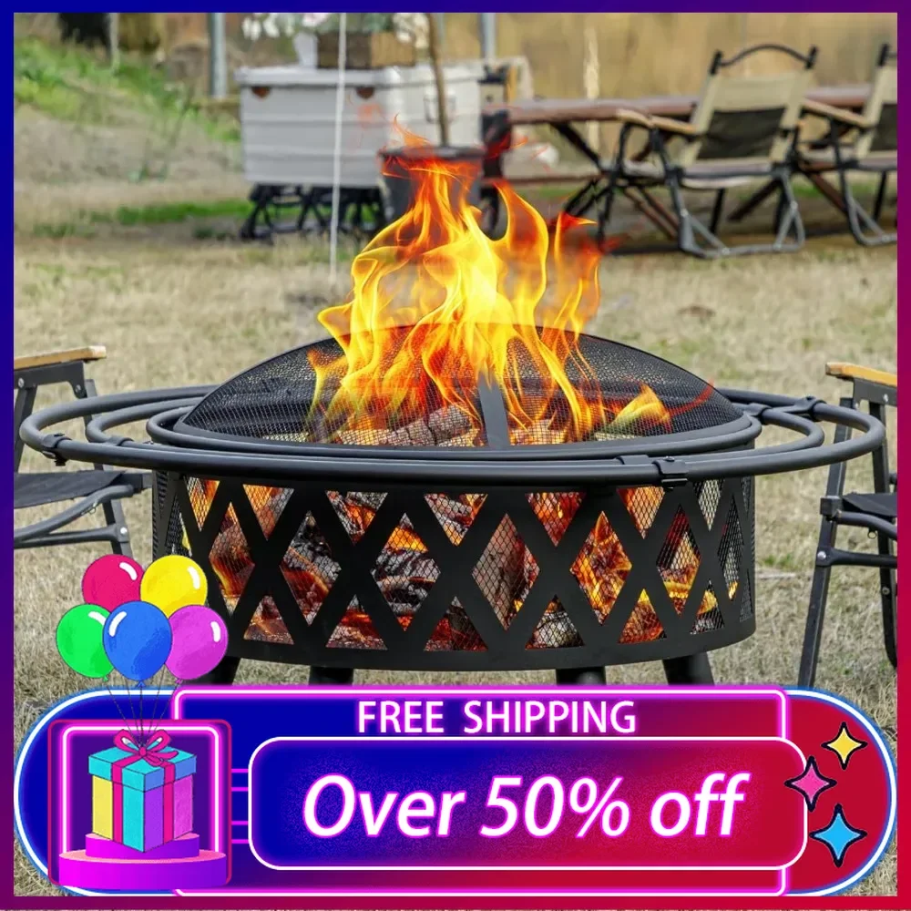 36 Inch Burning Fire Pit with 2 Loops,Outdoor Fire Pit with Spark Screen & Fire Poker,Cross Weave Firepit for Fireplace Bonfire