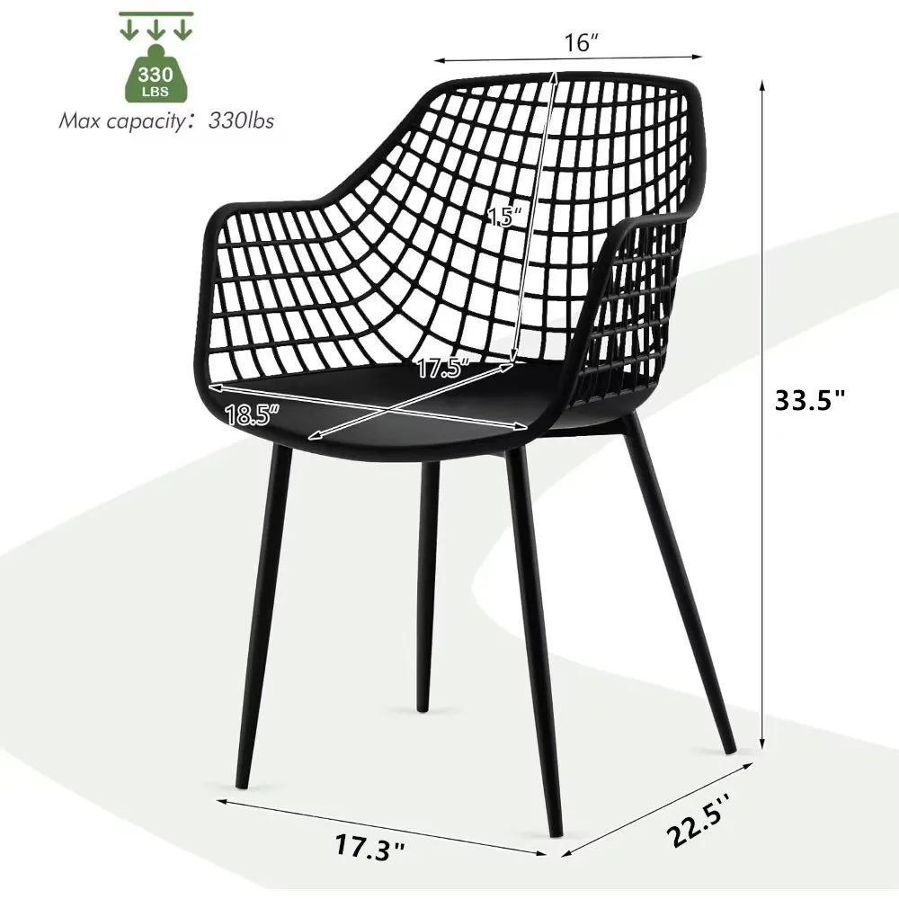 طقم كراسي طعام حديثة مكون من 4 قطع - كرسي بذراعين أسود مع مسند ظهر عالي 15 بوصة وأرجل معدنية مطلية بالمسحوق ووسادات قدم مضادة للانزلاق