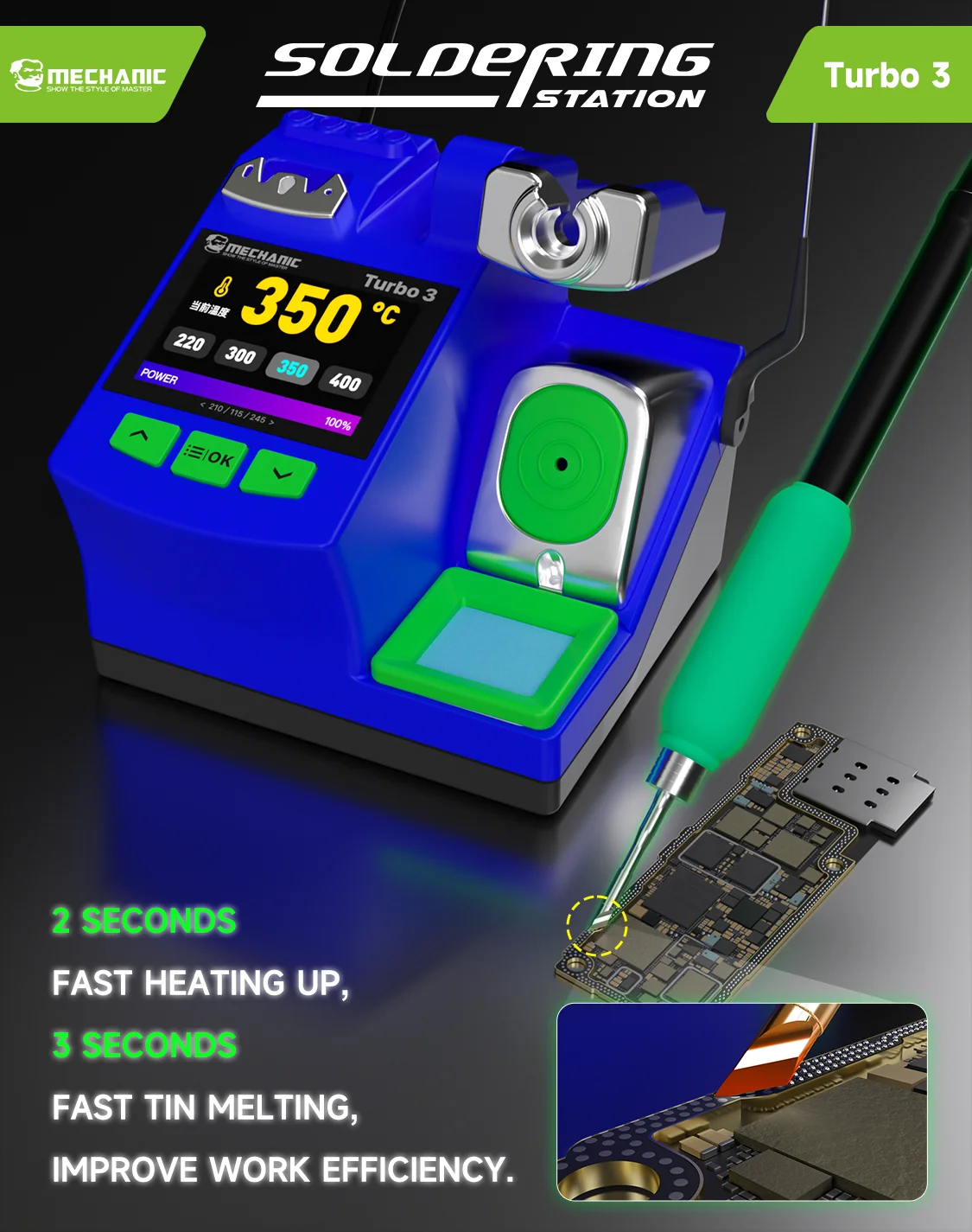 MECHANIC Turbo 3 Smart Soldering Station 150W 2.8" OLED Display C210 Handle Tips for Phone PCB BGA Rapid Heating Repair Welding - view 3