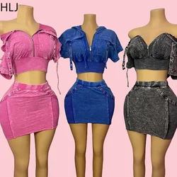 HLJ Fashion Pocket Cargo Hooded Two Piece Sets For Women Zip Slim Crop Top And Mini Skirts Outfits Female Washed 2pcs Streetwear