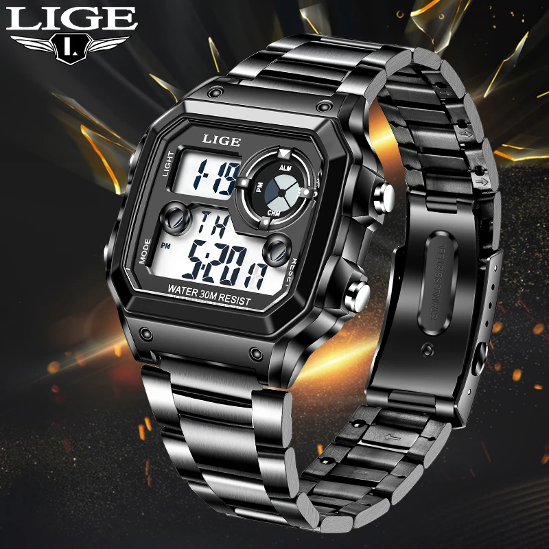 ساعة LIGE الفاخرة الإلكترونية للرجال مربعة الشكل من الفولاذ المقاوم للصدأ ساعات مضيئة للرجال كاجوال رياضية مقاومة للماء للأسبوع وساعة منبه للتاريخ