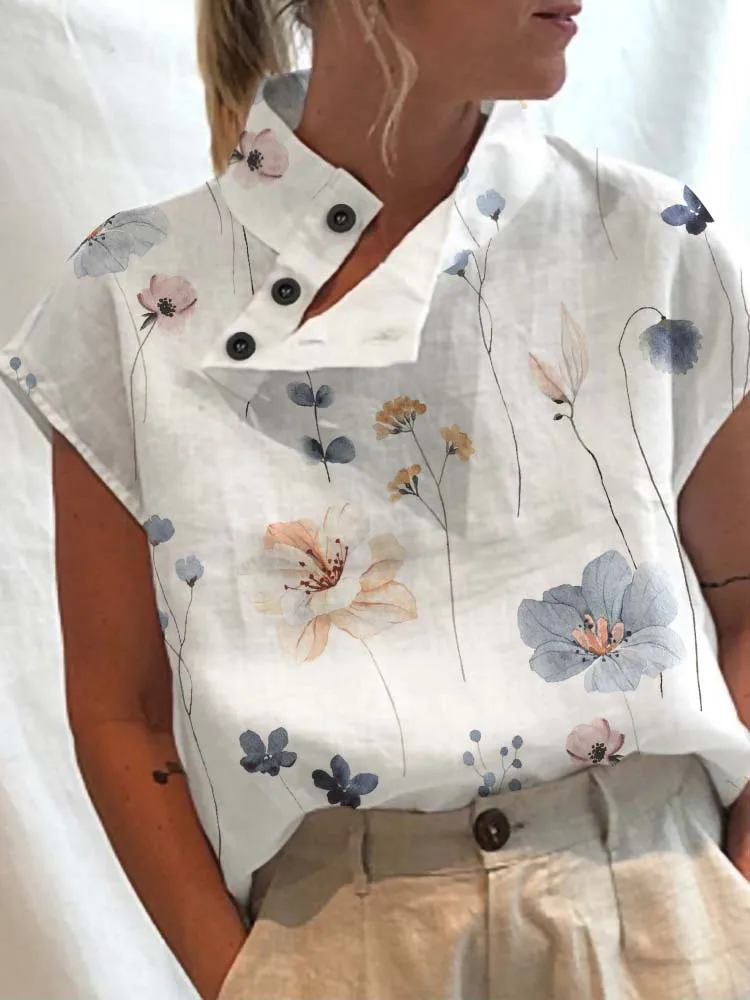 Camicetta estiva per il tempo libero Top da donna Camicette bianche a maniche corte con stampa floreale vintage Bottoni casual con spacco Top con collo alto Blusas