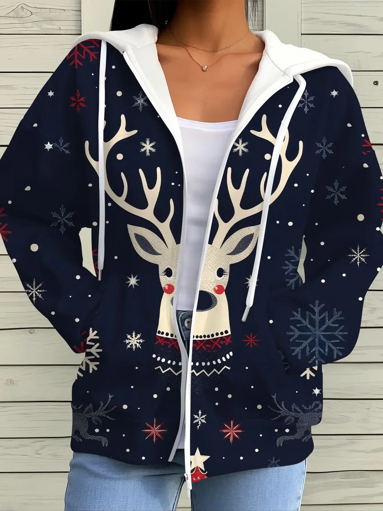 

Ladies' oversized elegant abstract printed pocket zipper hooded sweatshirt jacket