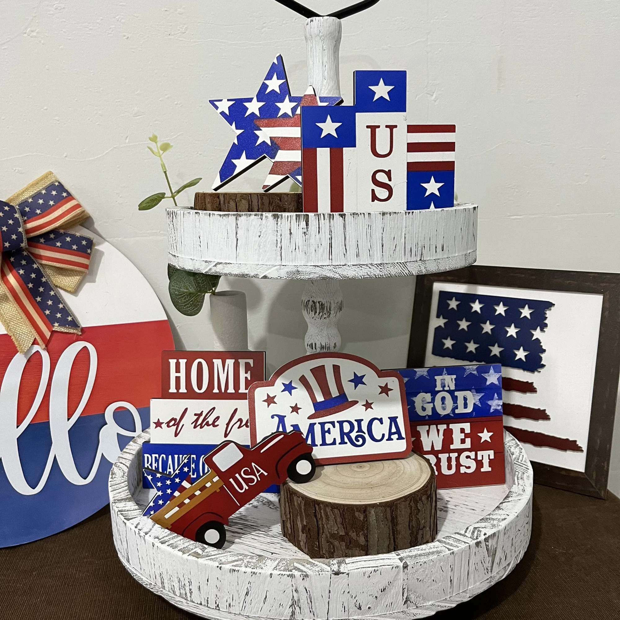 Independence Day Tiered Tray Decor Kit Letters Stars Wooden Sign Desk Ornament 4th of July Decor