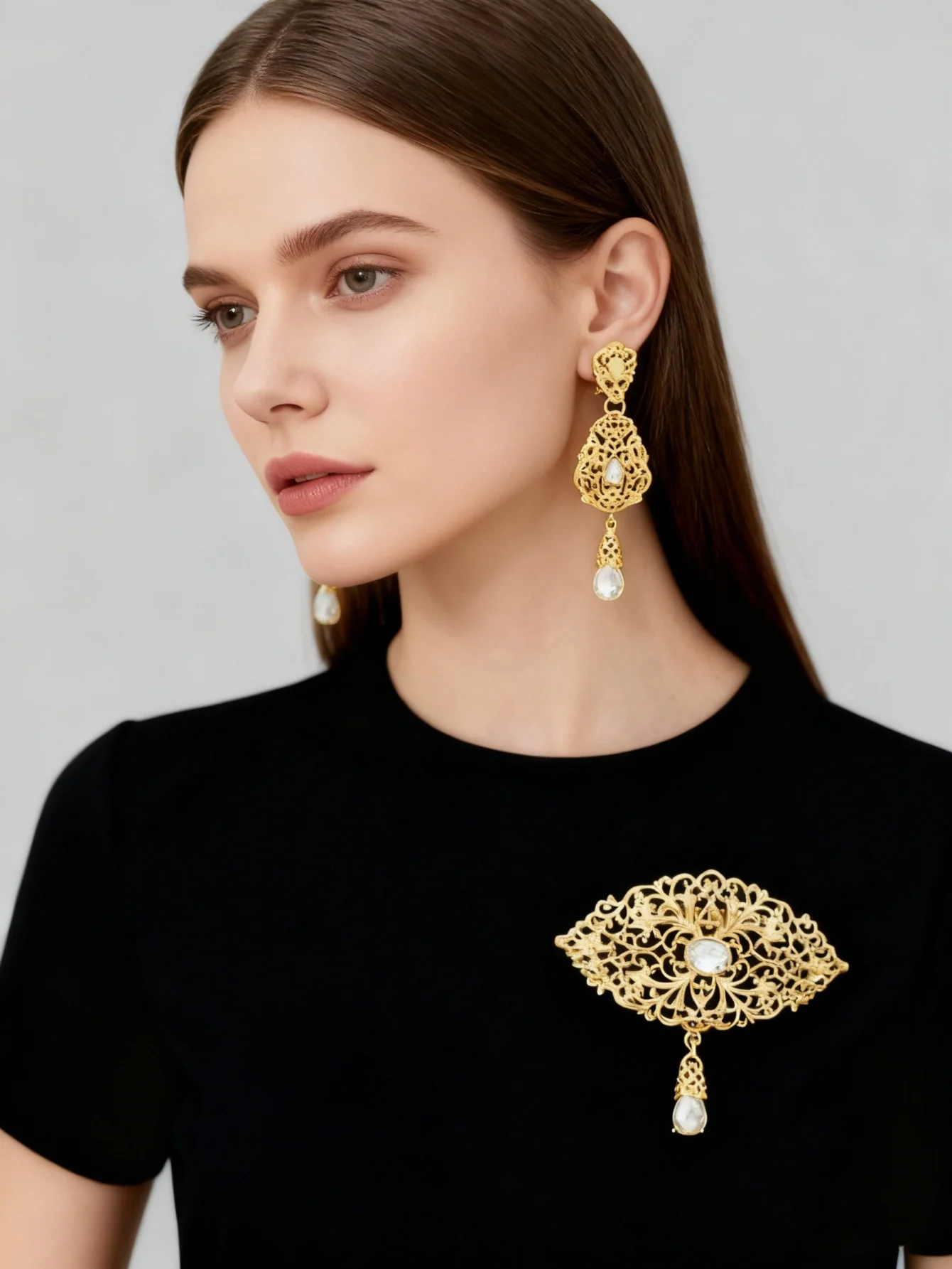 Morocco Caftan Jewelry Set Filigree Brooch Drop Earrings Arab Bridal Wedding Party Multi‑color Women Ornament