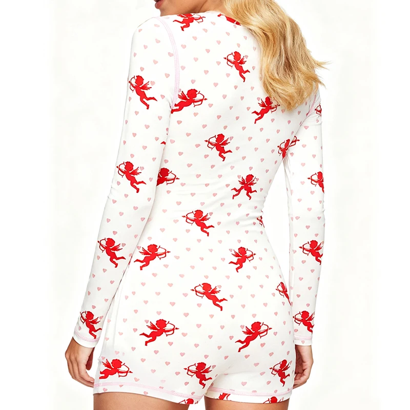 Women's Shorts Jumpsuit Pajamas Cupid Heart Print Long Sleeve V-Neck Zip Up Rompers Casual Playsuit Lingerie Sleepwear Homewear