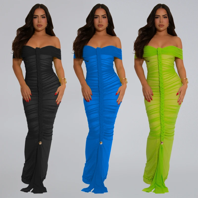 Robe longue froncée en maille pour femmes, Sexy, Patchwork, épaules dénudées, transparente, dos nu, moulante, Clubwear, été