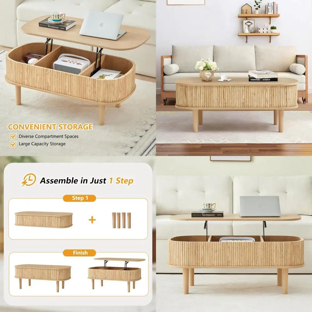 

Modern Oval Lift-Top Coffee Table with Hidden Storage, Fully Assembled Wooden Centerpiece for Living Room or Office, Natural Fin
