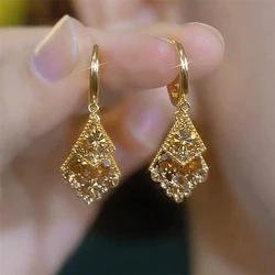2024 Retro Brown Double Square Pendant Gold Color Earrings for Women New Fashion Elegant Temperament Girls Jewelry Birthday Gift