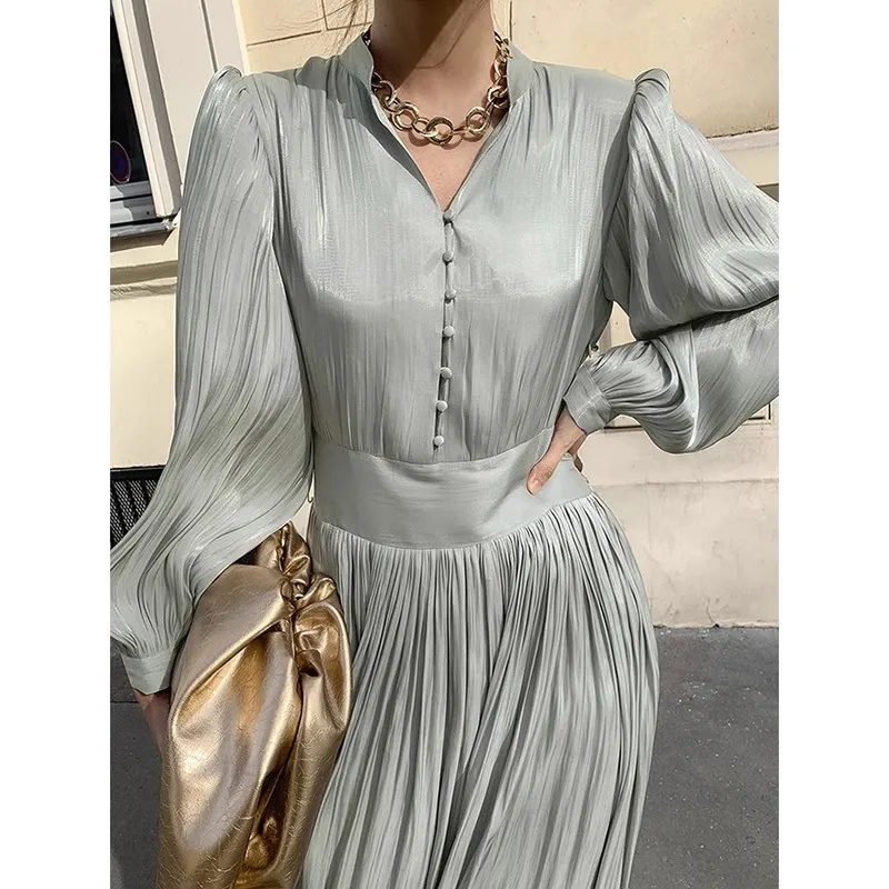 

Women's Spring Summer Long Sleeve V Neck Pleated Dress Female High Waist Chic Party A-line Vacation Dress TB1209