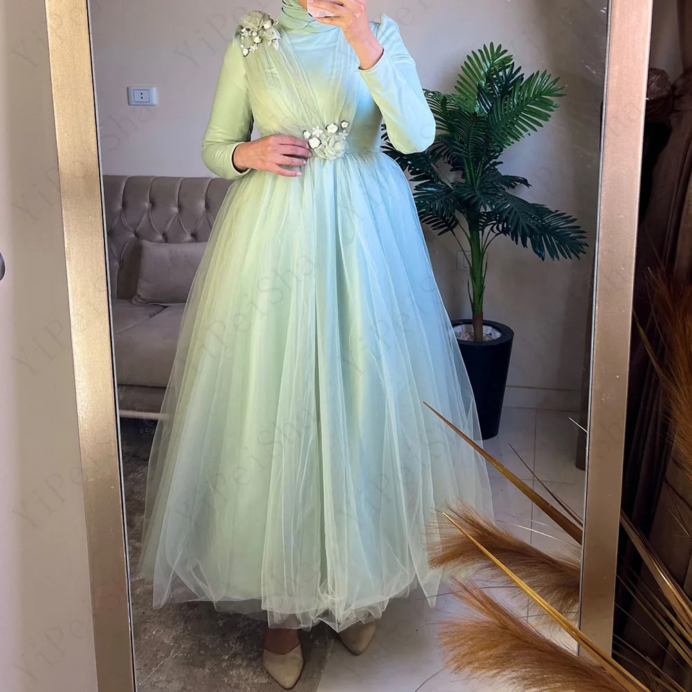 

Customized A-Line Prom Dresses Ankle-Length High-Neck Full Sleeve Evening Gown Fashion Flowers Simple Draped Casual Party Gown