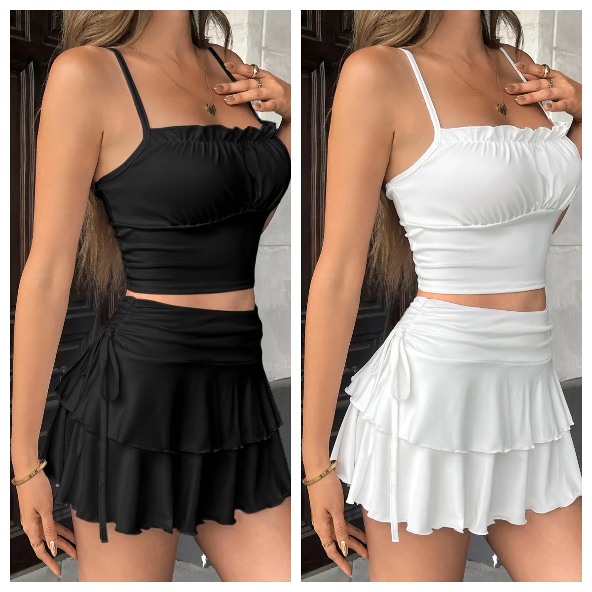 2PCS New Solid Color Skirt Women Summer Fashion Outdoor Versatile High Waist Slim Fit Elastic Waist Short Skirt Goods In Stock