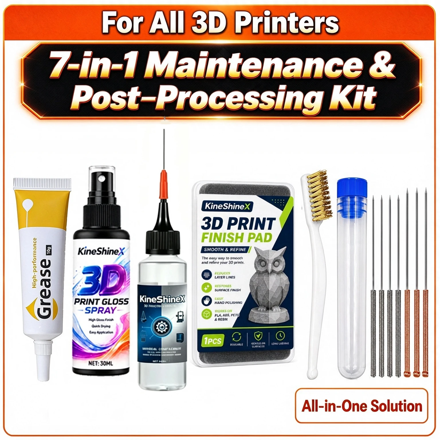 3D Printer 7 in 1 Maintenance Kit Lubricating Oil High‑Performance Grease Cleaning Brush Finish Pad for Bambu Lab Creality Ender
