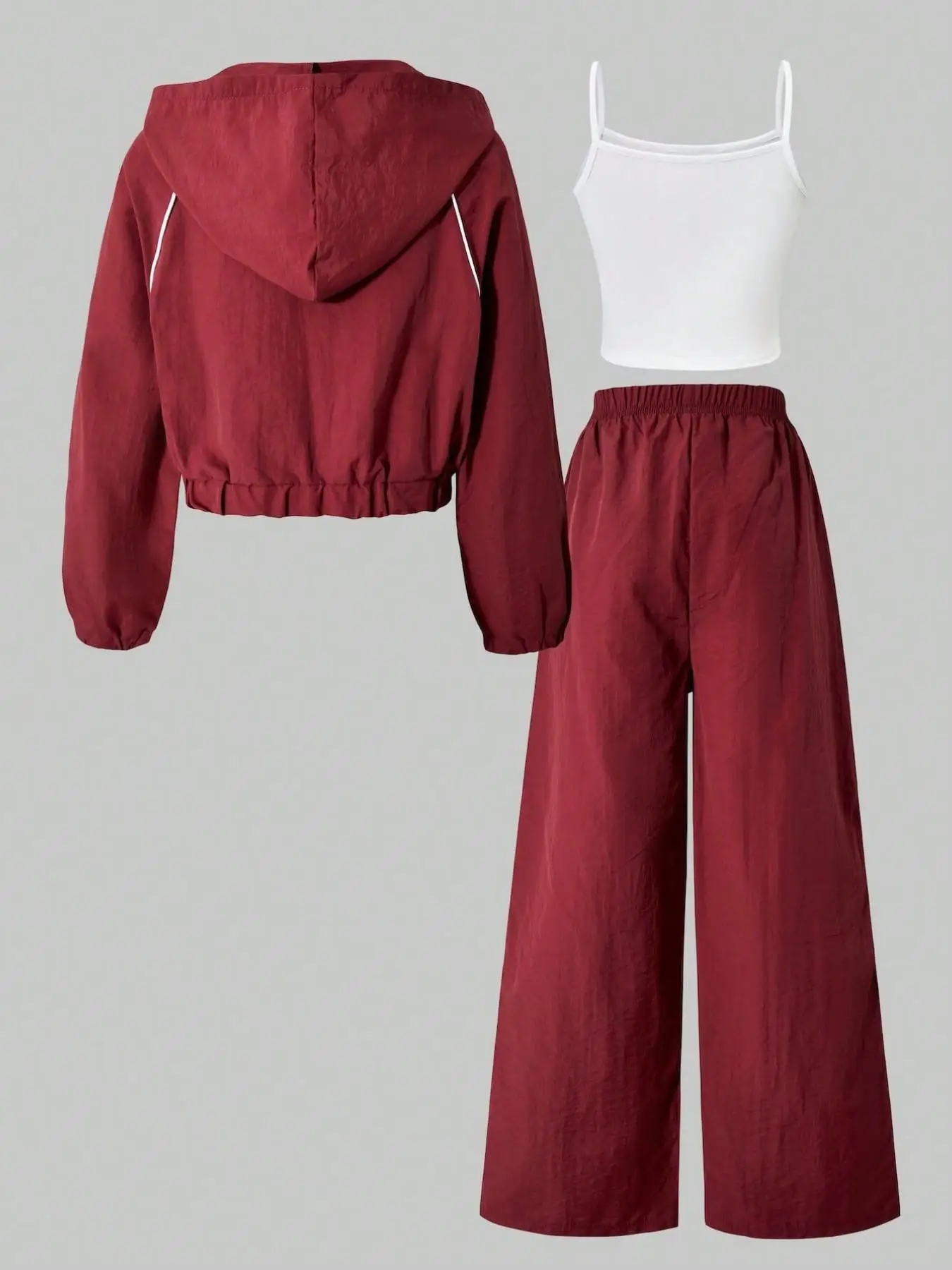 Girls' Autumn-Winter Outfit: Burgundy Short Coat + Camisole + Loose Long Pants Three-Piece Set with White Trim, Trendy and Fashionable, Suitable for 8-12 Year Olds, Versatile Clothing for Going Out