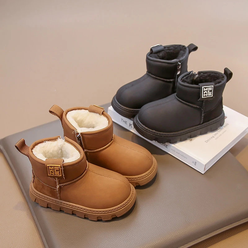 

2025 Winter New Children Snow Boots Soft Bottom Comfortable Kids Leather Boots Round Toes Boys Girls Thick Warm Fur Ankle Boots