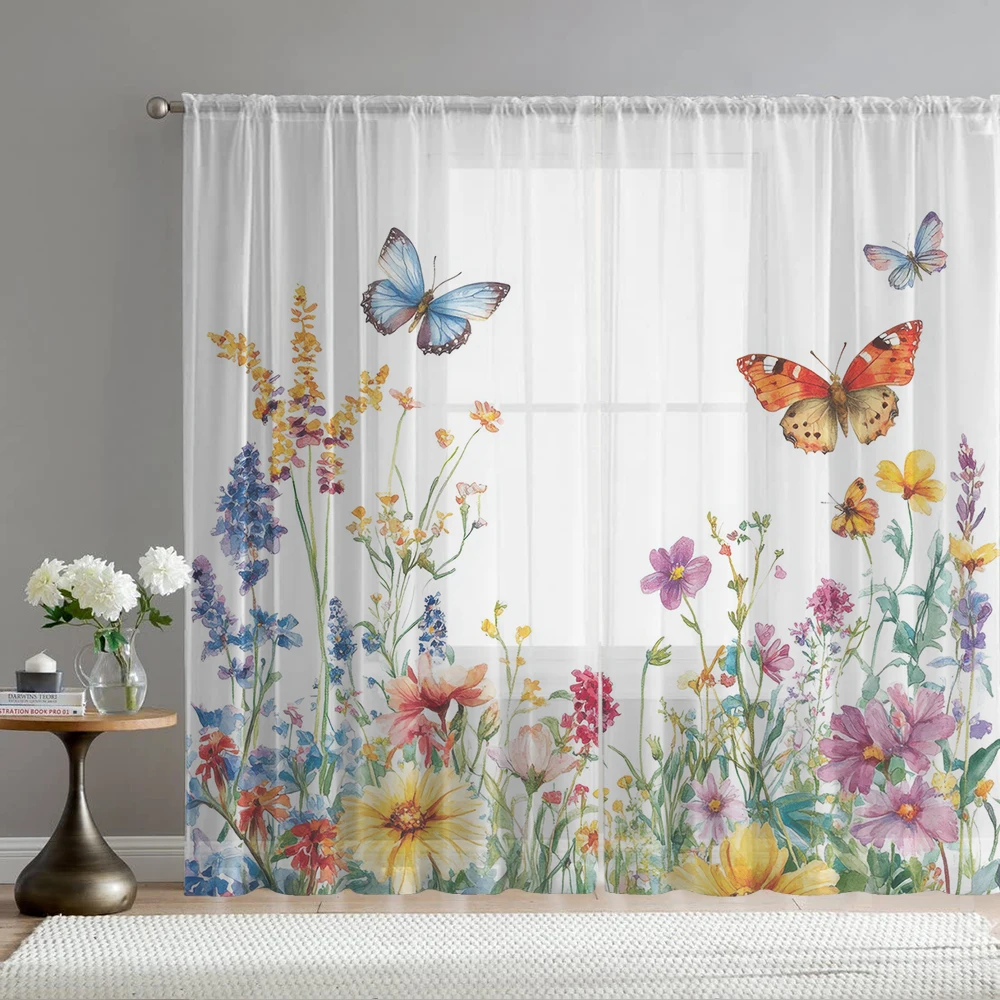 2PCS Home Decoration Colorful Butterfly Flower and Floral Printed Window Screens with Pole Bags, Suitable for Living Room