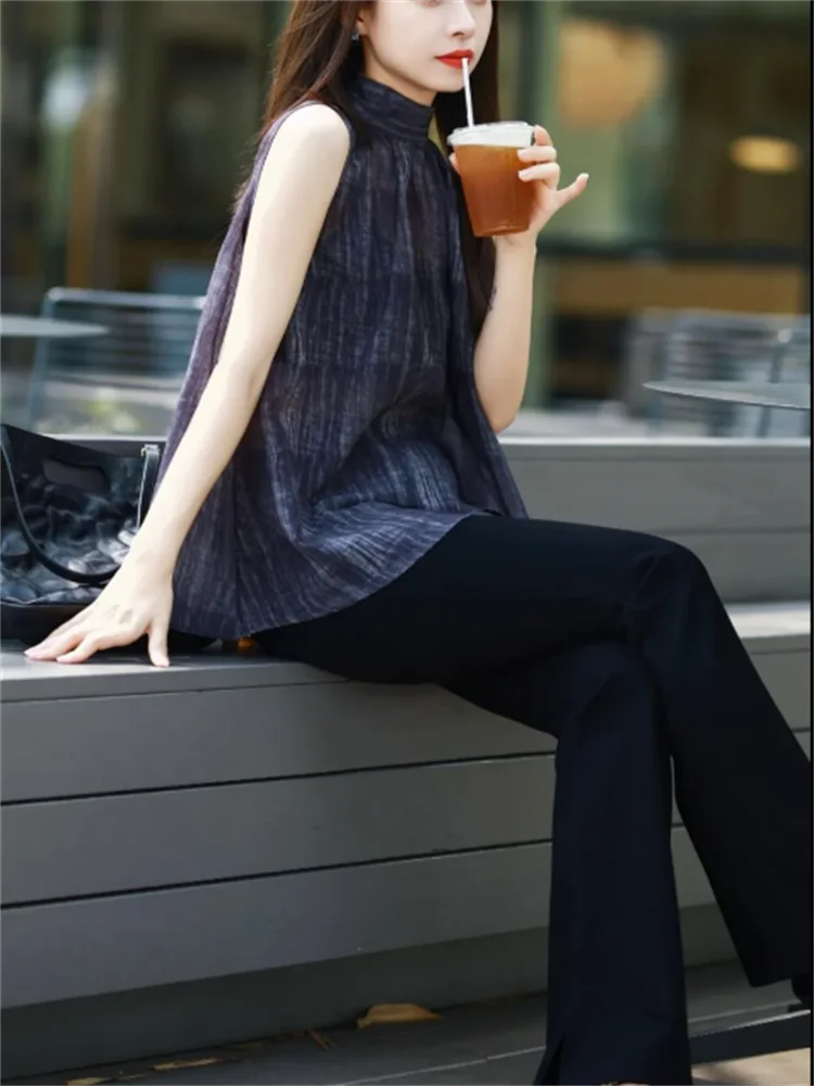 Zomer mouwloze top dames shirt blauw doorschijnende blouse zonnebrandcrème shirt vrouw kleding shirts trui opstaande kraag tee