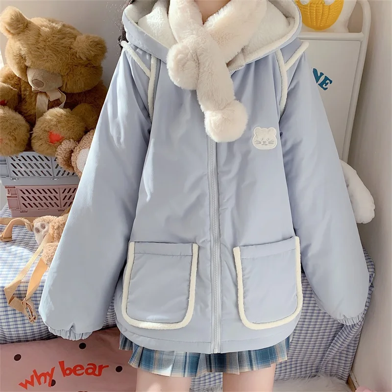 Japanese Sweet Loli Girl Coat Kawaii Hooded Bear Ear Cute Double-sided Zipper Full Sleeve Lambswool Keep Warm Thicken Outerweat