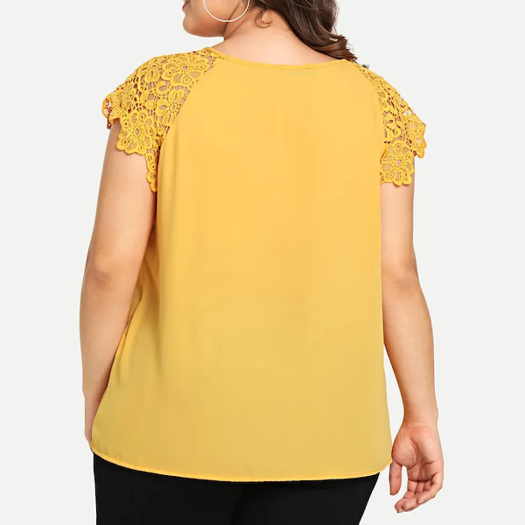 Plus Size Women Lace Blouse Top Summer Short Sleeve Sexy Yellow Elegant Blouse 2022 Female Lady Workout Clothing