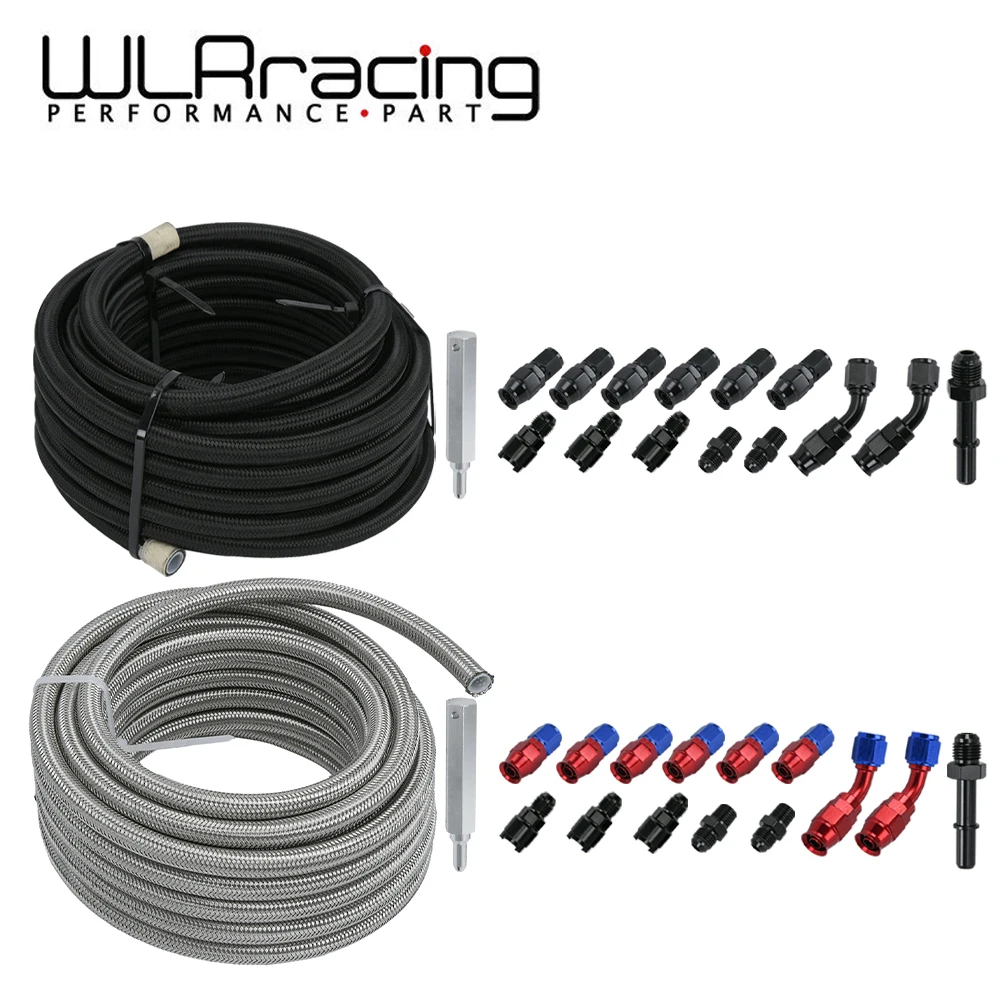 6AN AN6 7.62M 25FT PTFE Stainless Steel Braided Fuel Gas Oil Line Hose Assembly kit 0+45 degree+8 pcs End Fitting Kit