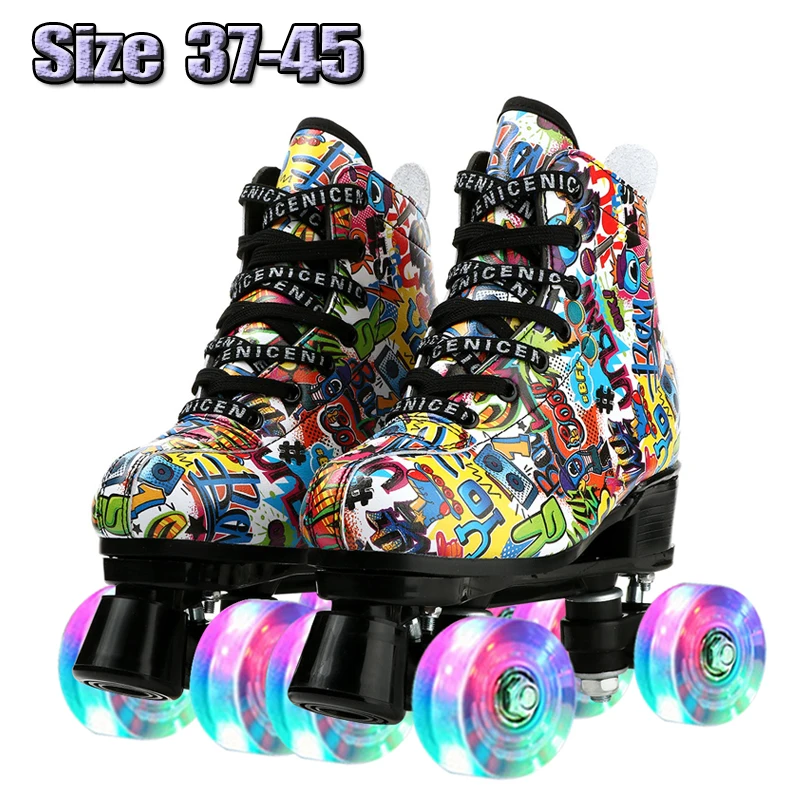 

Роликовые коньки с граффити, двухрядные коньки для взрослых, кожаные коньки из микрофибры, роликовые коньки, четырехколесные роликовые коньки