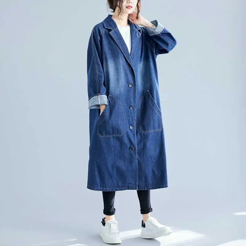 

Джинсовая куртка в корейском стиле с большими карманами, весна-осень 2022, офисная одежда, свободный облегающий плащ средней длины с длинными рукавами