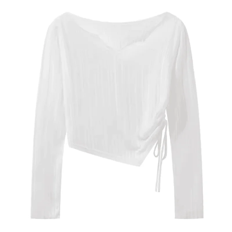 White Long Sleeve T-Shirt Women's Summer Design Sensation Drawstring Waist Gathered Hem Sweet And Spicy Women's Top