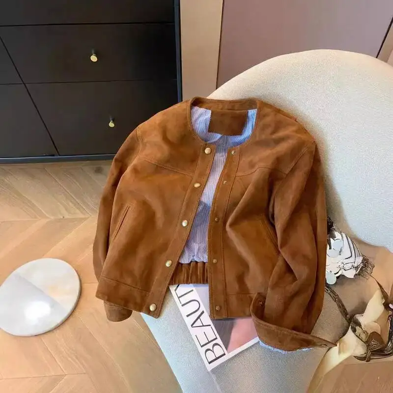 Chaqueta de ante marrón Retro para mujer primavera otoño 2025 Meilad suelta pantalón corto Casual locomotora prendas de vestir Simple cuello redondo Top de manga larga