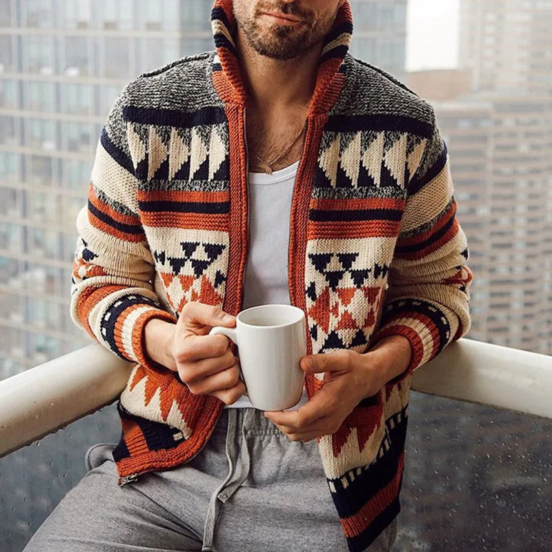 New fashion trend men's clothing British autumn and winter zippered cardigan jacket long sleeved lapel jacquard sweater top