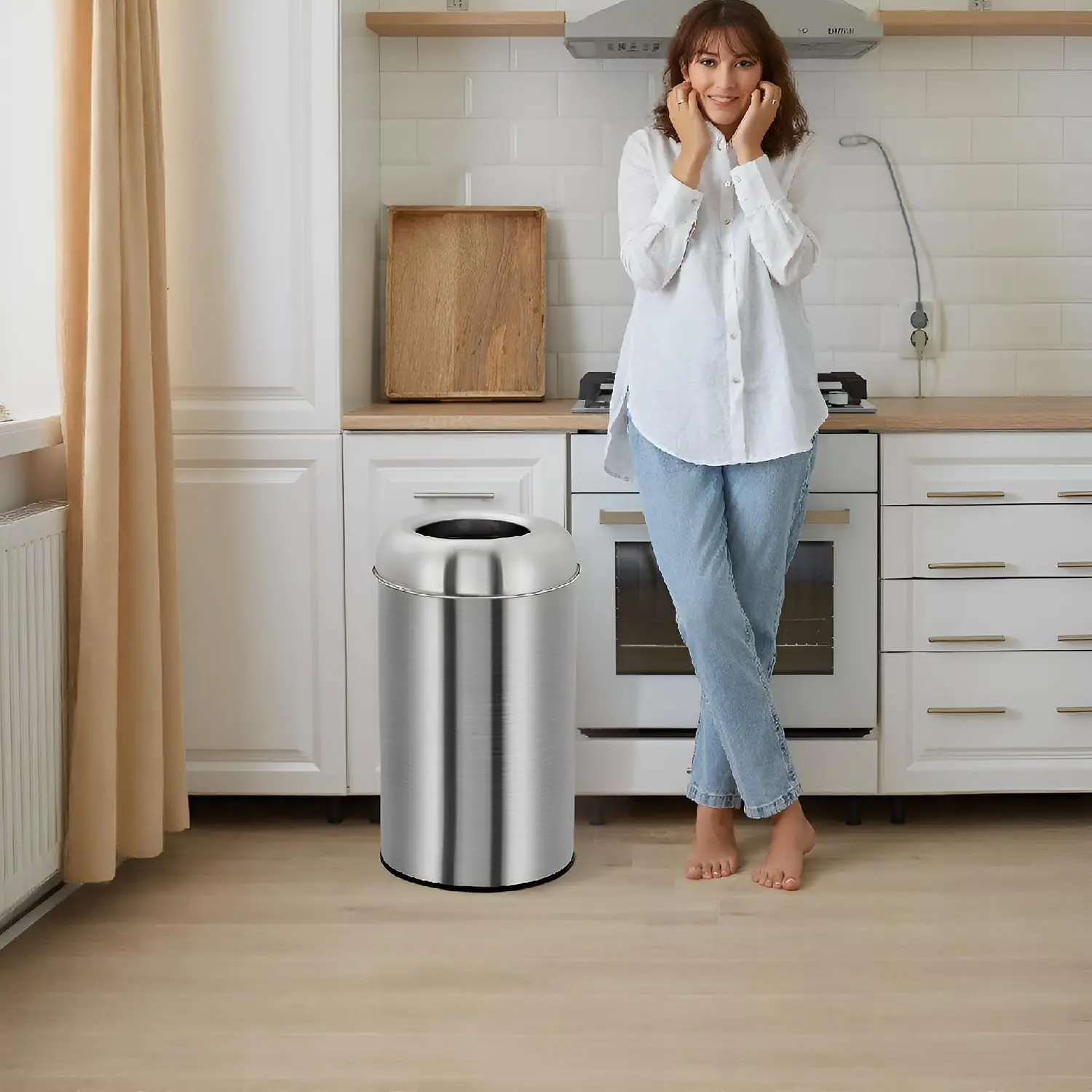 50/70L Stainless Steel Trash Can Open Top Double Layer Garbage Waste Bucket for Bathroom Kitchen Bedroom Office Desk Home Living Room Hotel Cleaning Tools