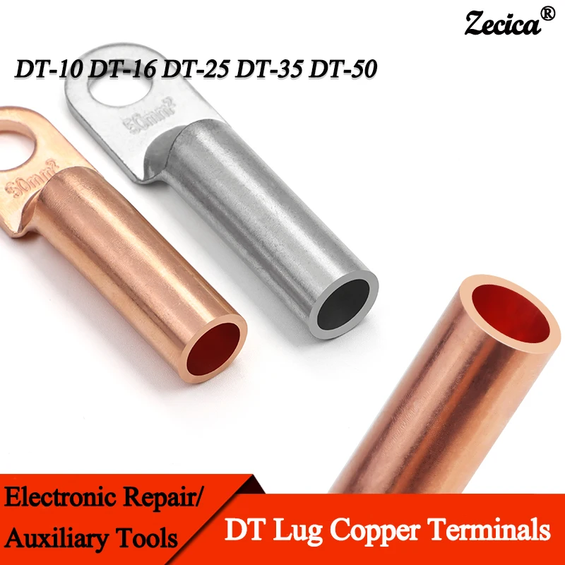 

DT Type Wire Terminals Copper Tube Crimp DT-10 DT-16 DT-25 DT-35 DT-50 Tin-plated Block Bolt Hole Nose Lug Cable Connector