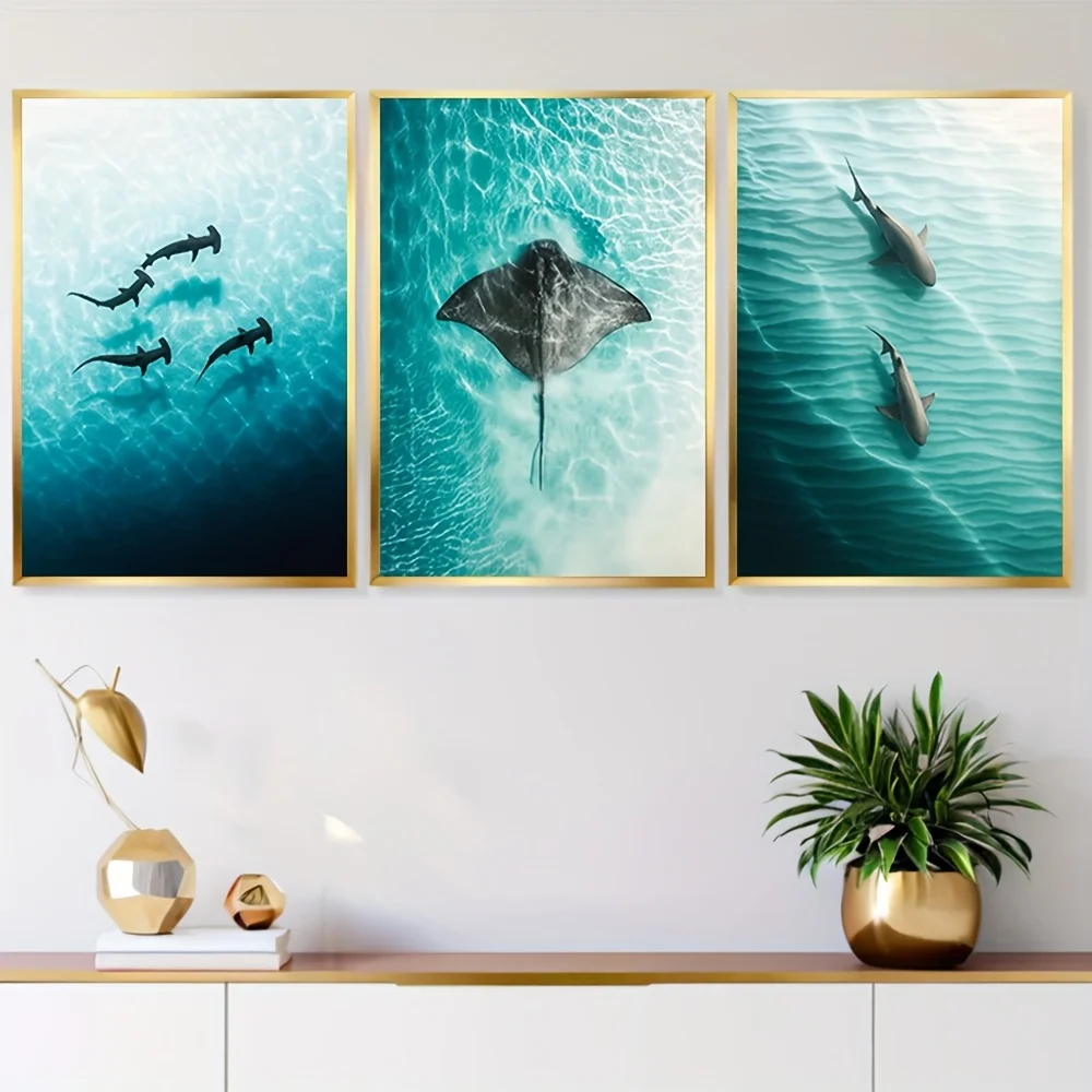 2D Flat, 2D Flat 3pcs Ocean Wildlife Art Prints - Shark, Stingray, and Dolphin Aerial Views, Underwater Animal Photography Po