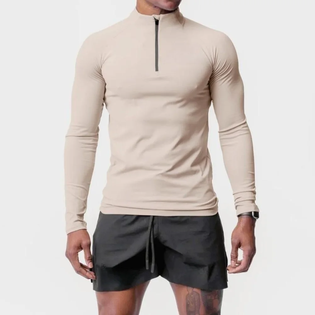 Tee Men T-Shirt Solid Color Sports Slim Fit Active Sports Tops Casual Muscle Long Sleeve Polyester Comfortable