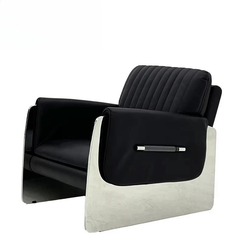 Lounge chair with modern stainless steel frame and black microfiber leather, acrylic decoration for living room, bedroom