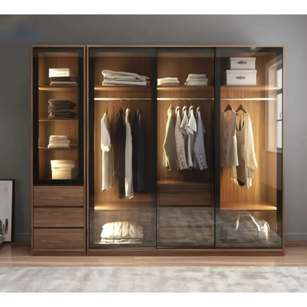 Multi-functional Glass Door Combination Golden Border Wardrobes Modern Modular Cloakroom Wardrobe Furniture
