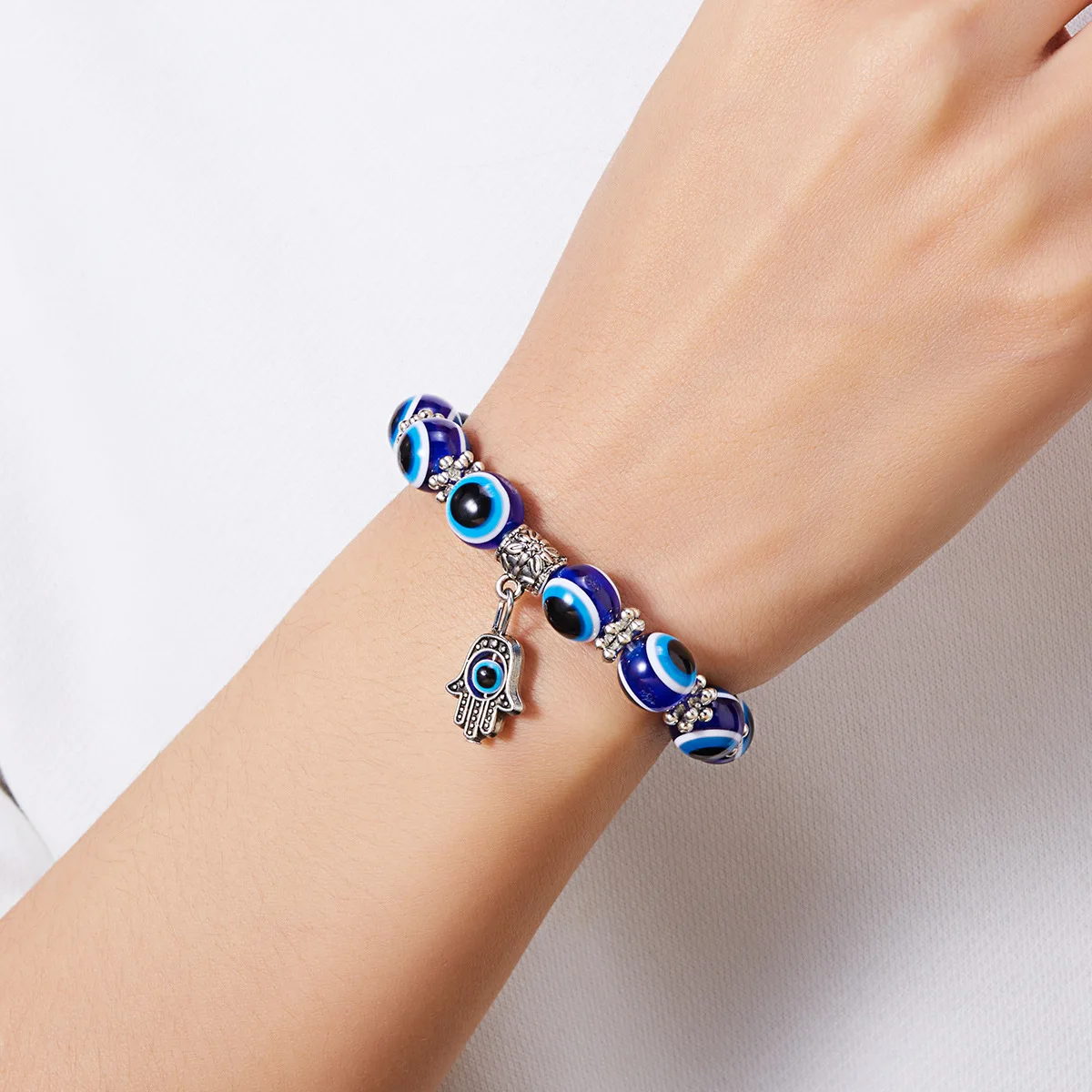 New Classic Turkish Lucky Evil Eye Bracelets for Men Women Blue Evil Eye Palm Pendant Beads Bangles Handmade Charm Jewelry