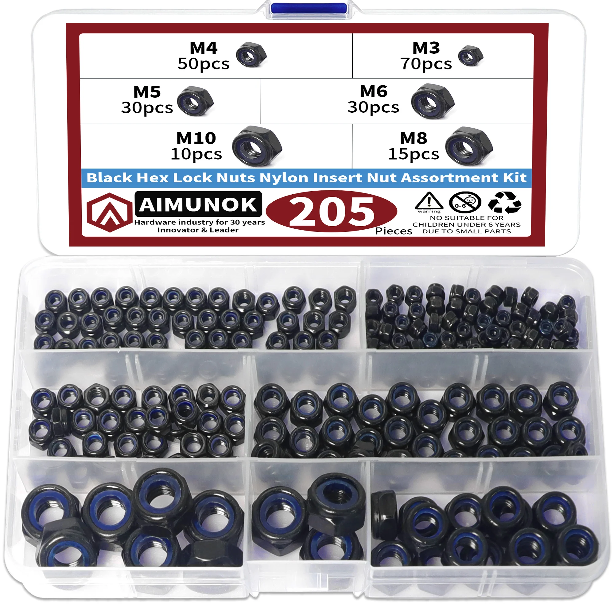 

205pcs M3 M4 M5 M6 M8 M10 Black Hex Lock Nuts Nylon Insert Nut Assortment kit Fasteners Tools Repair Accessories