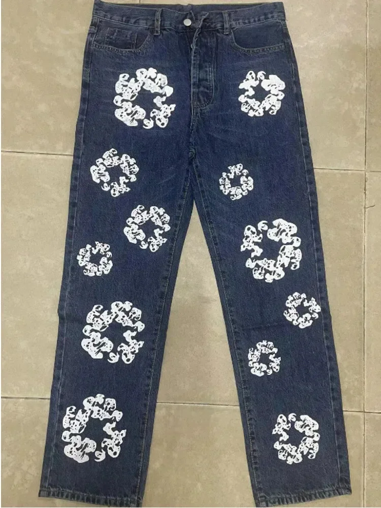 Amerikaanse Trendy Gewassen Jeans Met Kapok-Print 2024 Nieuwe Mode-Unisex Losse Casual Broek Met Rechte Pijpen, Korte Broek En Hiphop Streetwear