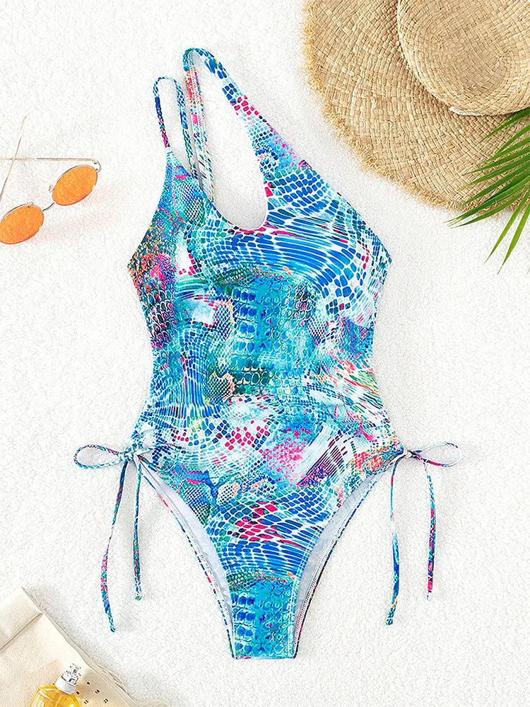 2024 Sexy Swimwear Bikini Set Bathing Suit Women Printed One Shoulder One-Piece Suits Skinny Belly Covering Beach Bikinis