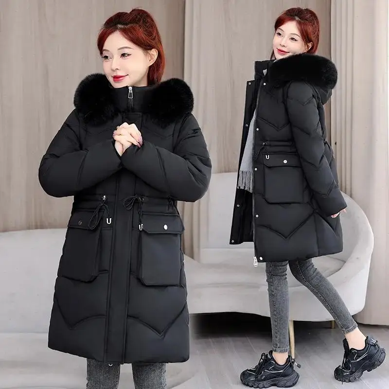 Solid Hooded Spliced Parkas Women Tight Waist Zipper Midi Jackets Long Sleeve Fur Collar Pockets Casual Coats Warm Winter 2025