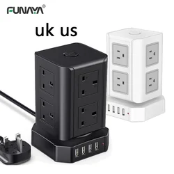Tower Power Strip Sockets UK US Plug 8 Utlets 4 USB AC110V 220V 10A 2500W White Home Office Smart Overload Protection Socket