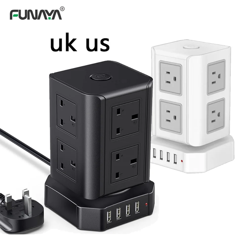 타워 전원 스트립 소켓, 영국 미국 플러그, 8 개 콘센트, 4 USB, AC110V, 220V, 10A, 2500W, 화이트 홈 오피스, 스마트 과부하 보호 소켓 