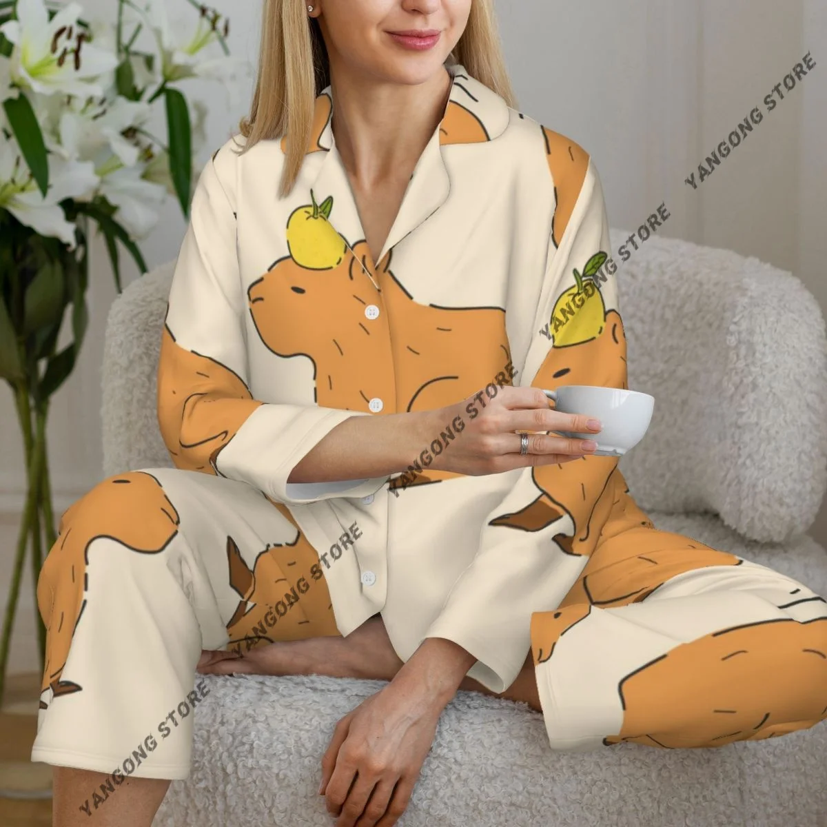 

Симпатичные женские пижамы Capybaras, одежда для дома, одежда для сна из двух предметов, длинный пижамный комплект на пуговицах с длинными рукавами